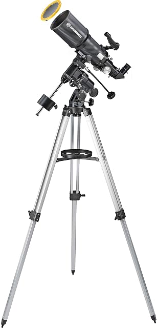 Bresser Polaris 102/460 on its EQ-3 mount with the objective solar filter fitted