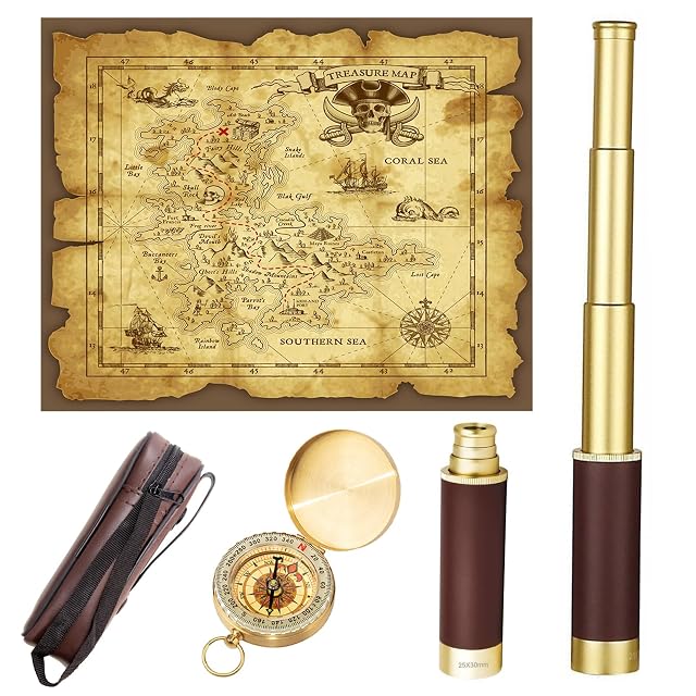 Laupha pirate-style collapsible spyglass with compass and treasure map