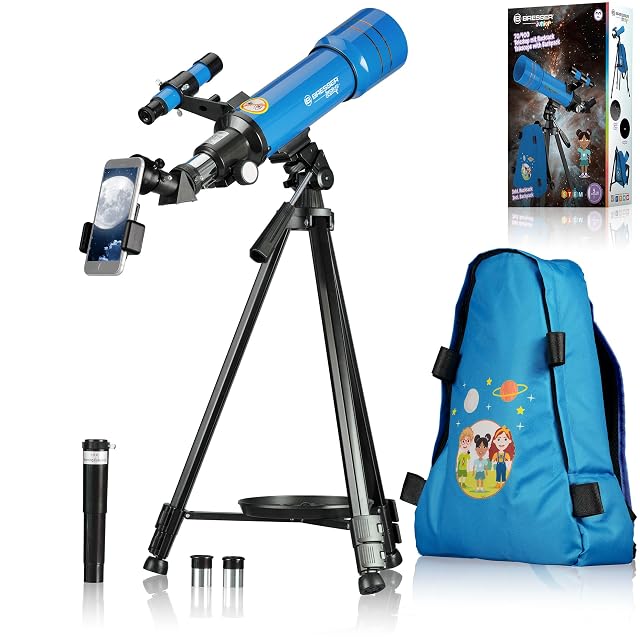 Bresser JUNIOR 70/400 refractor on its tripod with the supplied backpack