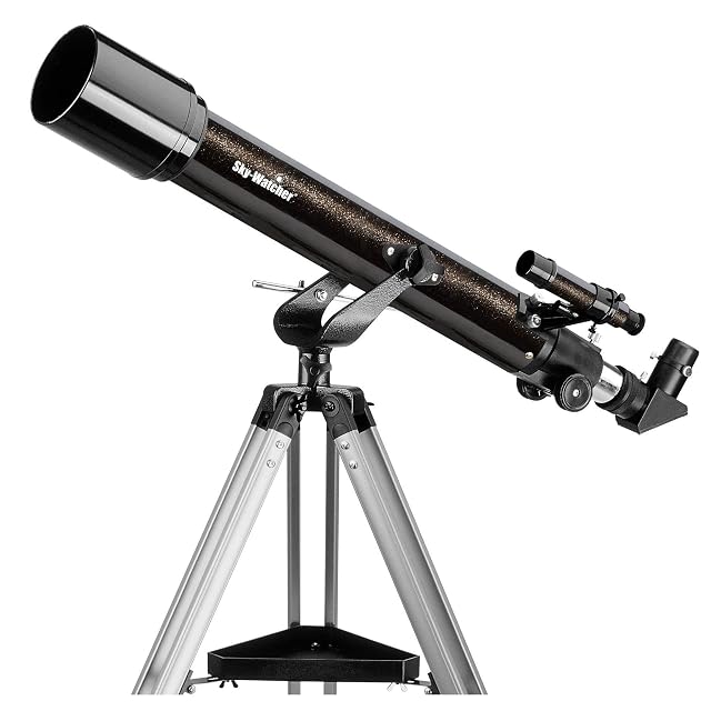 Sky-Watcher Mercury-707 refractor in silver on its aluminium tripod