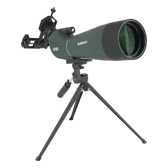 SVBONY SV28 20-60x80 angled spotting scope on its desk tripod